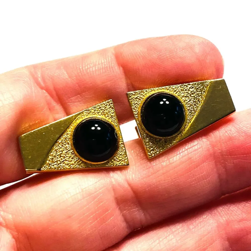 Vintage Mid Century Cufflinks gold & black domed polished stones hallmarked S